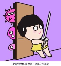 Scared Girl Holding A Sword And Trying Not Let Germs Come Into The Room Concept Card Character illustration