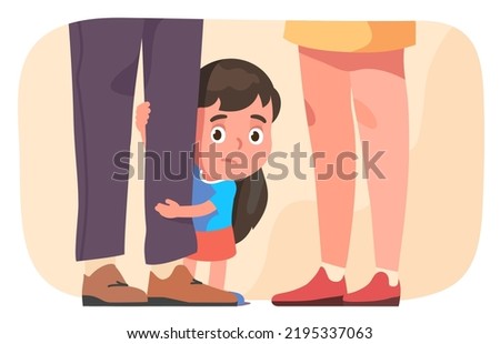 Scared girl kid hiding behind father parent leg peeping out. Preschool little daughter person with mother, father family closeup. Childhood, child care, protection, parenting flat vector illustration