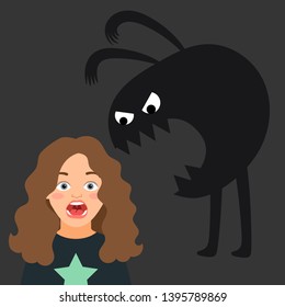 Scared girl, kids fear and monster silhouette vector illustration. Scared girl and monster ghost