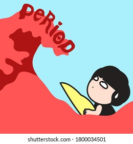 Scared Girl Looking At Big Red Wave Period Concept Card Character illustration