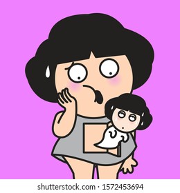 Scared Girl Looking At Own Soul That's Tired Out From Her Body Concept  Character illustration for card.
