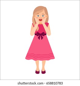 Scared girl in pink dress isolated vector illustration on white background