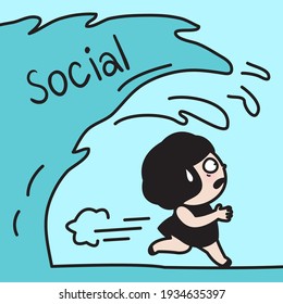 Scared Girl Run Away From Social Wave. Anti Social Person Concept Card Character illustration