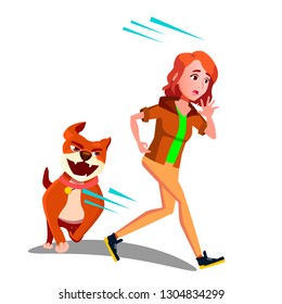 Scared Girl Runs Away From The Dog Vector. Isolated Illustration