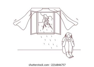 Scared girl sitting on floor afraid of storm outdoors. Terrified young woman feel stressed and frightened of lightning and thunderstorm. Vector illustration. 