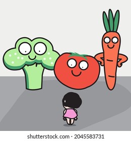 A Scared Girl is Standing In Front Of A Table Full Of Fresh Vegetable. Veggie Hater Concept Card Character illustration