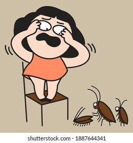 Scared Girl Standing On A Chair And Screaming Because Of Cockroaches Concept Card Character illustration