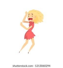 Scared girl standing and screaming desperately, emotional young woman afraid of something vector Illustration on a white background