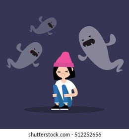 Scared girl surrounded by ghosts / flat editable illustration