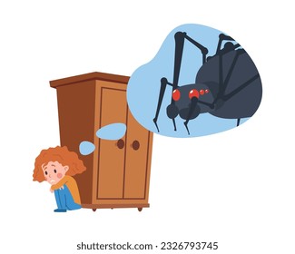Scared girl thinking about big spider, arachnophobia concept - flat vector illustration isolated on white background. Children fears and phobias. Frightened kid hiding from spider.