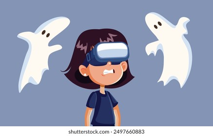 
Scared Girl Wearing VR Glasses Seeing Ghosts Vector Cartoon Illustration. Child playing in augmented reality wearing a headset feeling afraid 
