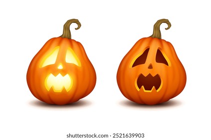 Amarelo brilhante e escuro jack o lanternas realístico ícones de cores definido. Halloween celebração abóboras 3d personagens ilustrações no branco