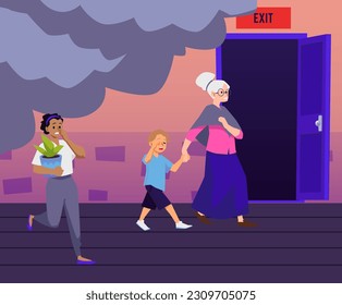 Scared grandmother with the boy holding hands and dark-skinned woman with dark hair and a pot of plants quickly are evacuating, runing from fire and smoke. Warning persons approaching to the exit