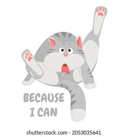 Scared gray fat cat with wide open eyes washing face on white isolated background, cartoon style