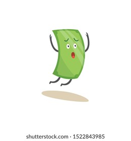 Scared green dollar bill character running away and falling, American currency money icon with worried face jumping in air mid fall, isolated flat vector illustration on white background