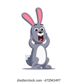 Scared Grey Rabbit Screaming Holding His Head With Hands. Terrified Cartoon Bunny Animal Shouting In Panic With Wide Open Mouth And Eyes. Flat Style Vector Illustration Isolated On White Background.