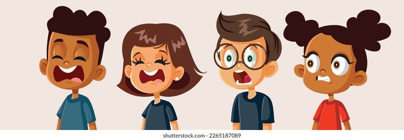 
Scared Group of Children Feeling Fearful Vector Illustration. Kids panicking yelling and shouting feeling fearful and anxious
