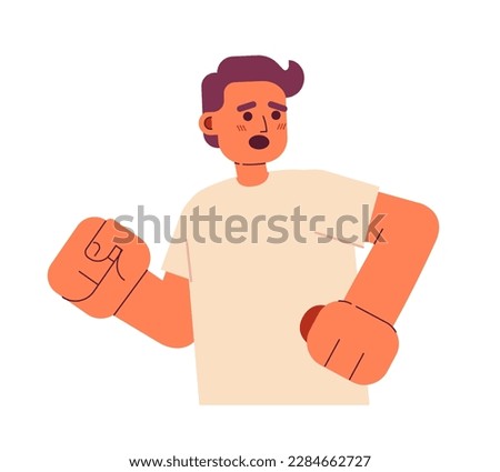 Scared guy running away semi flat color vector character. Escaping danger. Editable figure. Half body person on white. Simple cartoon style spot illustration for web graphic design and animation