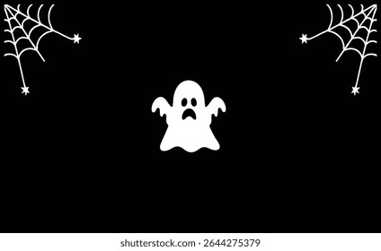 Scared Halloween Ghost with Cobweb Frame on Dark Background Vector