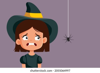 Scared Halloween Girl Looking at Spider Vector Cartoon. Young child being terrified of a spooky decoration
