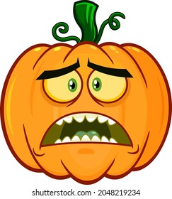 Scared Halloween Pumpkin Cartoon Emoji Face Character With Sad Expression. Vector Hand Drawn Illustration Isolated On White Background