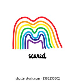 Scared hand drawn illustration with cute rainbow cartoon minimalism style lettering black