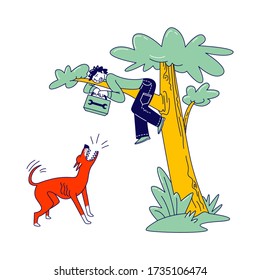 Scared Handyman with Toolbox in Hands Sitting on Tree Avoiding Dog Attack. Angry Animal Barking and Jumping Beneath Trying to Bite Male Character. Pet Protect Territory. Linear Vector Illustration