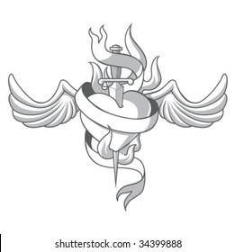 Scared Heart with Dagger and Wing Tattoo