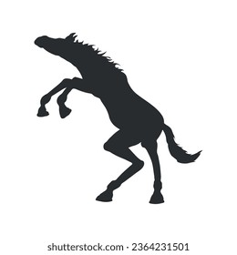 Scared horse silhouette. Isolated prancing mustang. Black jump pony. Wild active animal. Vector illustration