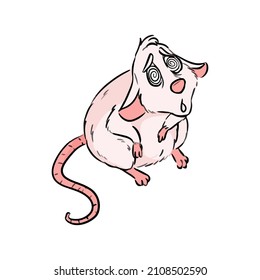 Scared or hypnotized mouse or rat. Small vulnerable rodent. Cartoon comic style illustration, vector stock illustration