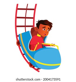 scared indian boy riding roller coaster in amusement park cartoon vector. scared indian boy riding roller coaster in amusement park character. isolated flat cartoon illustration