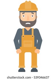Erschütterte Industriearbeiter mit hartem Hut. Erschütterte Industriearbeiter mit Problemen bei der Arbeit. Erschütterte Bauarbeiter in der Industrie sehen verängstigt aus. Vektorgrafik mit flachem Design, einzeln auf weißem Hintergrund.