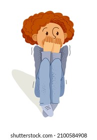 Scared kid boy feeling uncomfortable vector illustration, children phobia paranoia anxiety or other psychical and psychological problems concept, bad emotions.