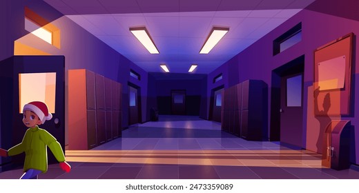 Scared kid boy in Santa Claus hat walking in dark empty school corridor with human shadow from light of open door at night. Cartoon vector dusk spooky scene in college hallway with lockers and lamps.