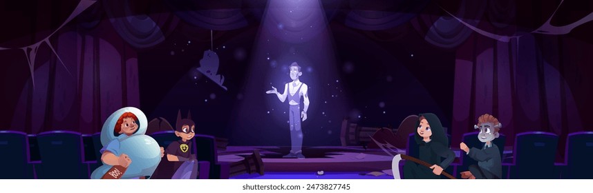 Scared kid boys in Halloween costumes in spooky haunted abandoned old destroyed theatre room with holes and cobweb, and male ghost on stage. Cartoon vector dark night scary creepy fantasy scene.