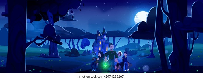 Scared kid boys in Halloween costumes and man with magic green light lamp standing in forest on path to spooky haunted house with light in windows at night under full moon. Cartoon vector scary scene.