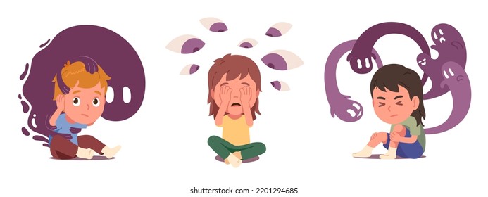 Scared kids boy, girl afraid of ghost monster. Children persons fear emotion stress. Childhood nightmare horror problem, phobia psychology, bad dream, mental health concept inner daemons vector