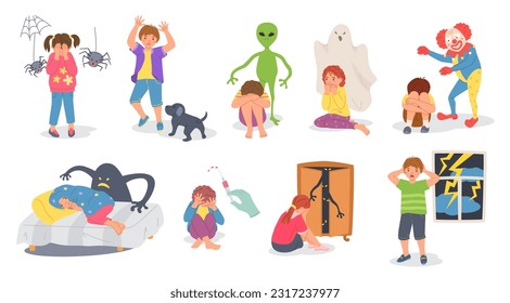 Scared kids. Frightened children, child fears and emotional wellbeing cartoon vector illustration set. Boys and girls afraid of alien, ghost, spider and monsters Characters with phobia