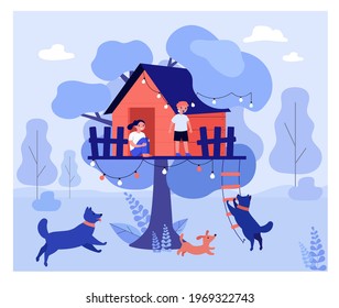 Scared Kids Hiding In Tree House From Dogs. Park, Attack, Ladder Flat Vector Illustration. Dangerous Animals And Safety Concept For Banner, Website Design Or Landing Web Page