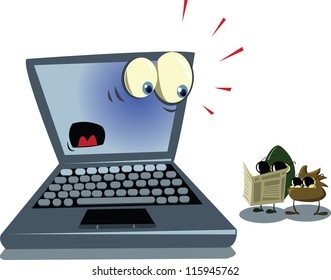 a scared laptop and two spyware viruses