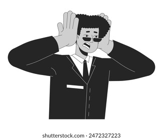 Scared latin american man clutching head black and white 2D line cartoon character. Hispanic male manager shocked isolated vector outline person. Panic attack monochromatic flat spot illustration