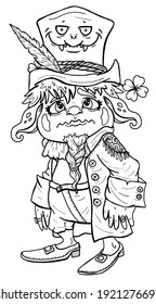 Scared leprechaun in full growth with pointed ears in big a creepy hat with feather, cartoon isolated character with big eyes and braided beard, in a jacket on buttons, suede shorts and shoes.