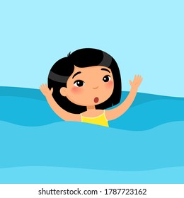 Scared Little Asian Girl Swimming Flat Vector Illustration. Child Sinking, Waving Hands And Calling For Help In Sea. Danger On Water. Kid In Swimsuit Learning To Swim Cartoon Character 