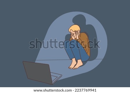 Scared little boy child watch movie on laptop feel fear. Small kid feeling afraid of film or violence on computer. Vector illustration. 