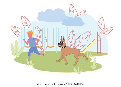 Scared Little Boy Crying Run Away From Big Angry Dog. Playground With Wooden Fence And Sled On Yard. Frightened Cartoon Child Character Need Help. Summer Time. Vector Illustration Design