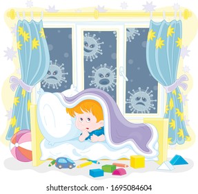 Scared little boy hiding from malicious viruses under a blanket in his bed in a nursery room, vector cartoon illustration on a white background
