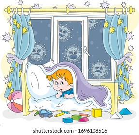 Scared little boy hiding from malicious viruses under a blanket in his bed in a nursery room, vector cartoon illustration on a white background