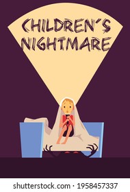 Scared little boy panic fear afraid scary monster. Child sitting on bed and hiding under blanket suffers from nightmares, bad night dreams or phobias. Flat vector illustration.