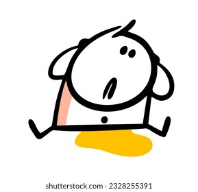 El asustado niñito se meó. Ilustración vectorial de un bebé que se ve confundido con un charco de orina debajo de él. Caricatura Doodle pegada al personaje del hombre aislado. 