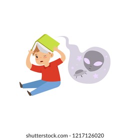 Scared little boy reading a horror book, reading fairy tail fantasy book, kids fabulous imagination vector Illustration on a white background